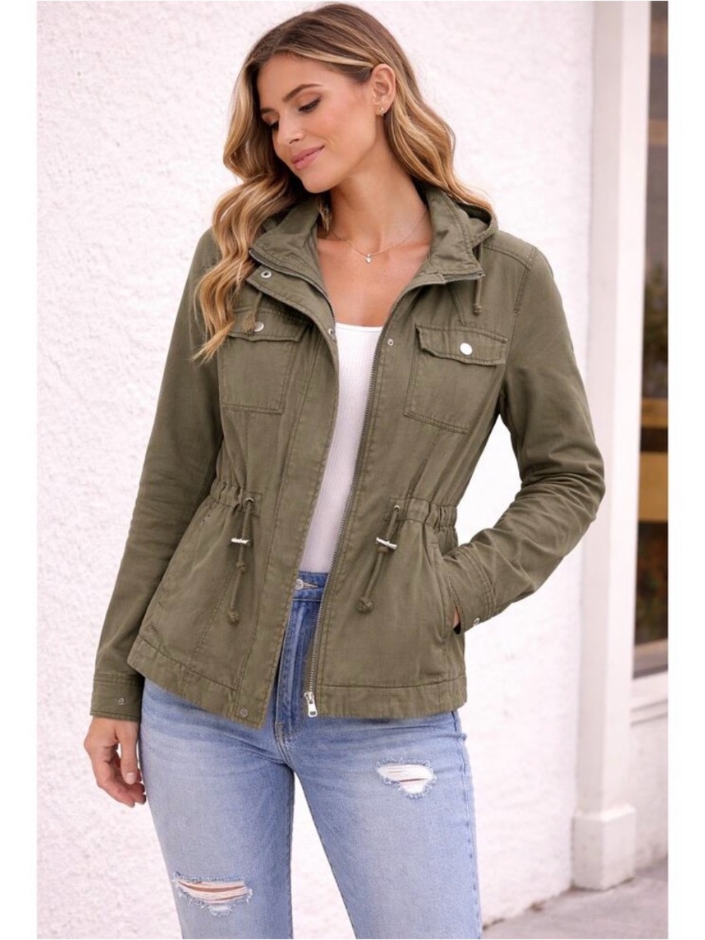 H&M Olive Green Utility Jacket with Drawstring Waist